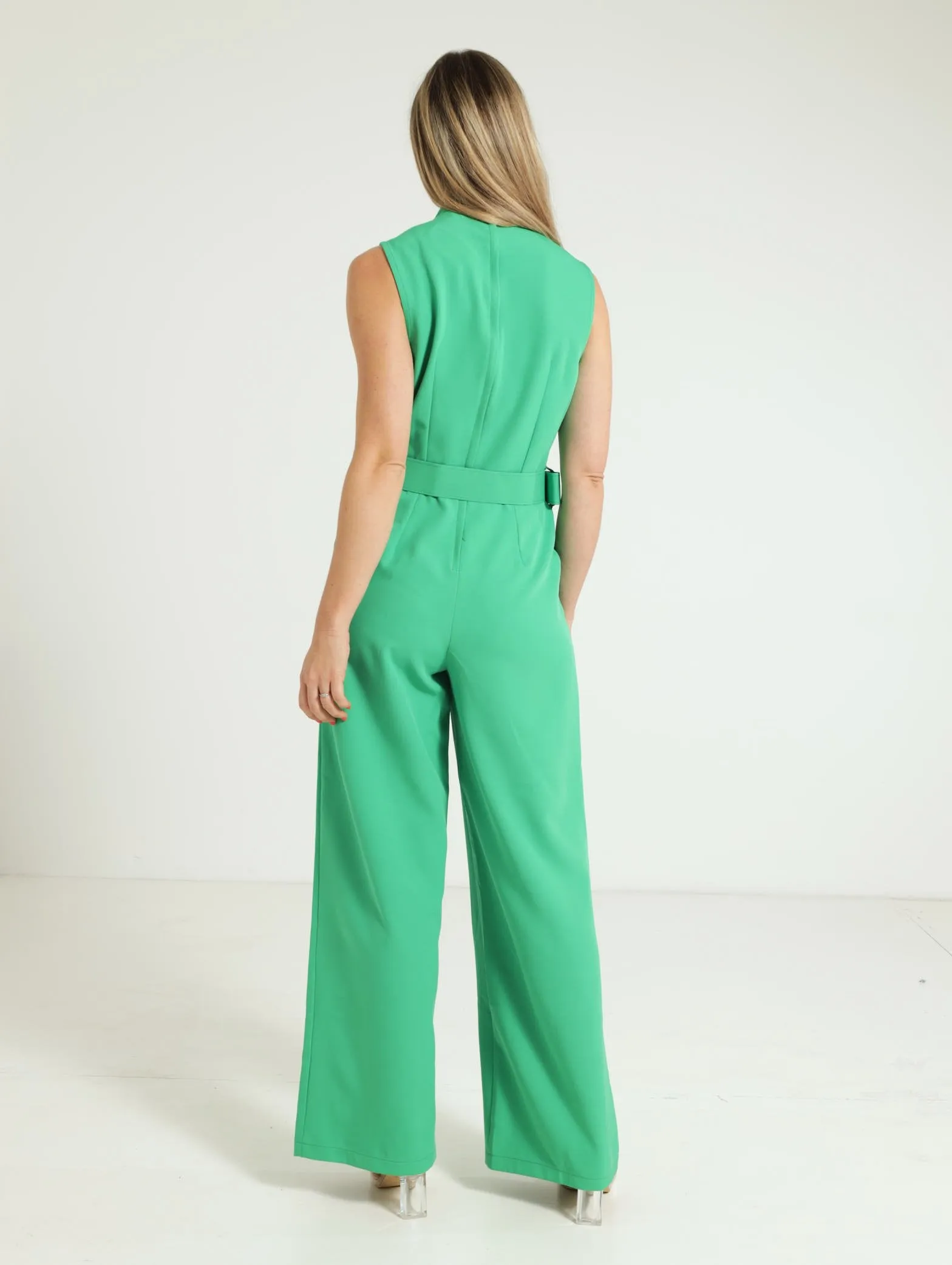 Halter Neck Belted Jumpsuit - Green