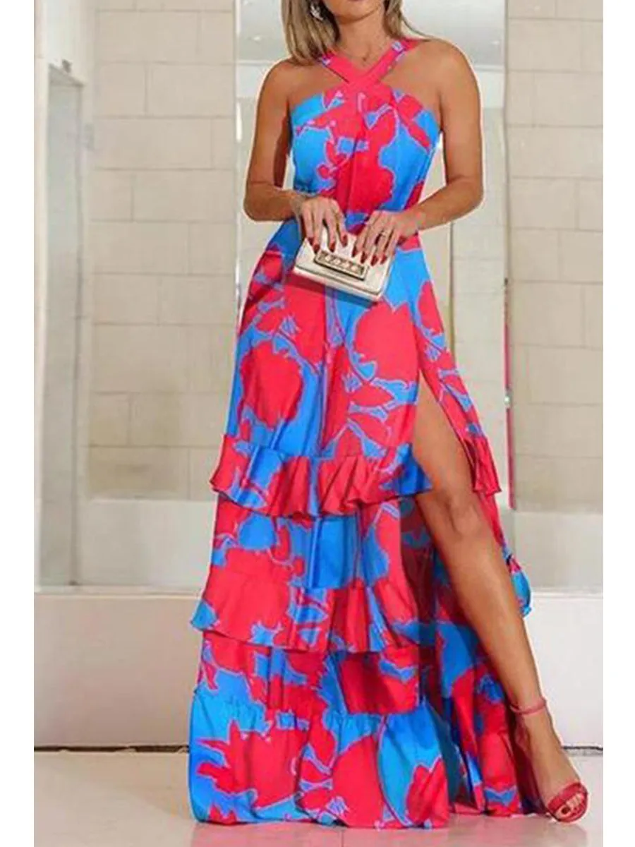 Halter-Neck High Slit Colorblock Print Maxi Dress
