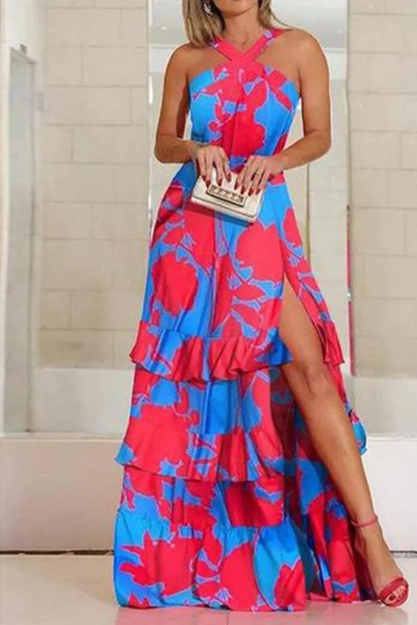 Halter-Neck High Slit Colorblock Print Maxi Dress