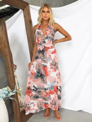 Halter Neck Maxi Dress with Abstract Print and Lace-Up Back