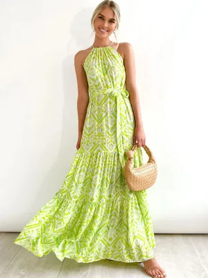 Halter Neck Maxi Dress with Geometric Print and Waist Tie
