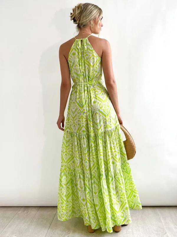 Halter Neck Maxi Dress with Geometric Print and Waist Tie