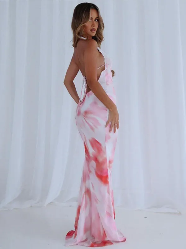 Halter Neck Maxi Dress with Lace Detail and Floral Print