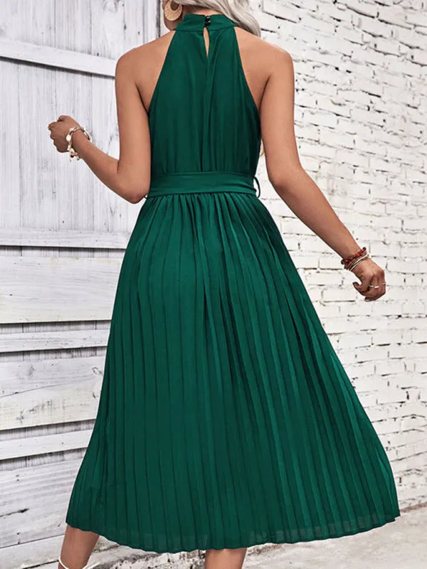 Halter Neck Midi Dress with Pleated Skirt and Tie Waist