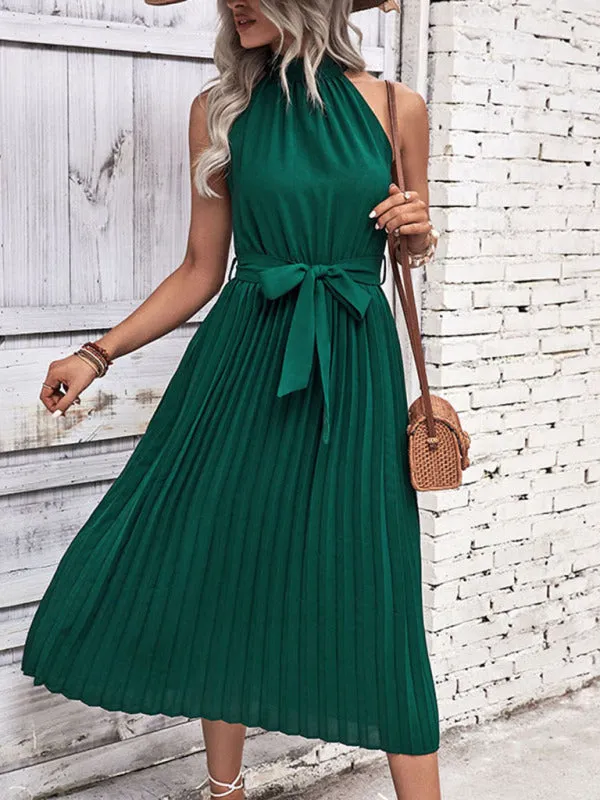 Halter Neck Midi Dress with Pleated Skirt and Tie Waist