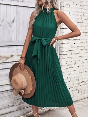 Halter Neck Midi Dress with Pleated Skirt and Tie Waist