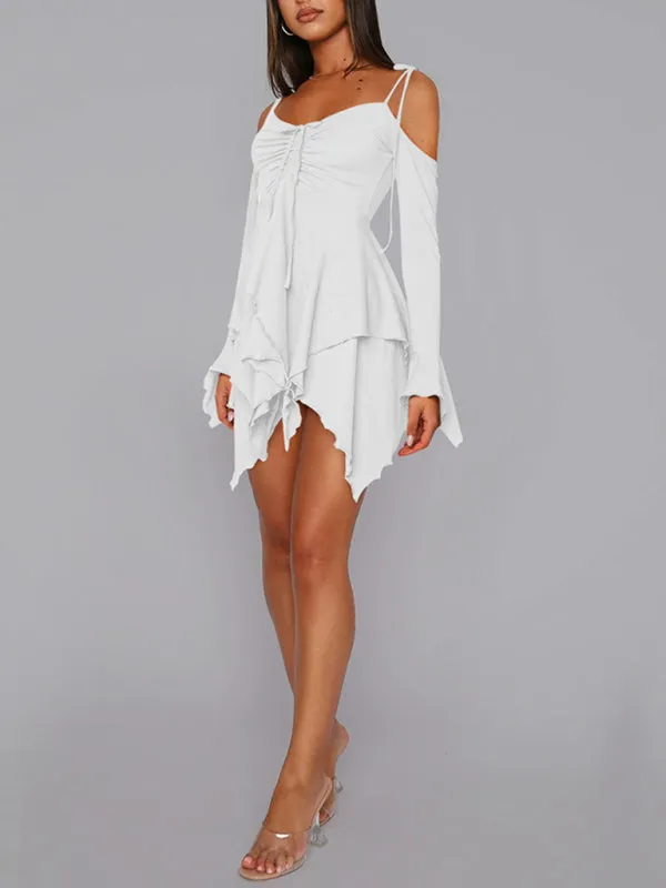Halter Neck Mini Dress with Ruched Bodice and Asymmetrical Hem