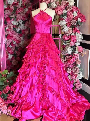 Halter Neck Tie Ruffles Long Prom Dresses