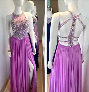 halter prom dresses long chiffon beaded purple backless sexy formal dresses prom gown vestido de Longo