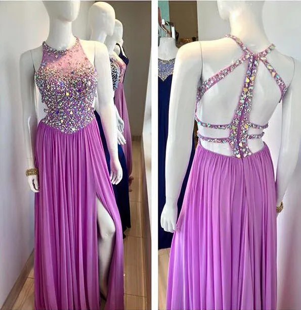 halter prom dresses long chiffon beaded purple backless sexy formal dresses prom gown vestido de Longo