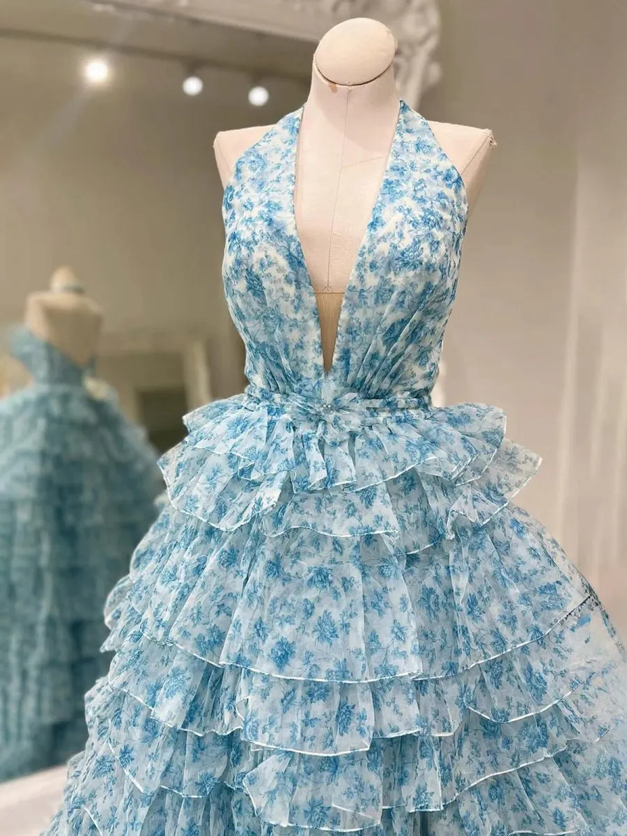 Halter Tulle Printed Ruffle Tie A-line Prom Dresses
