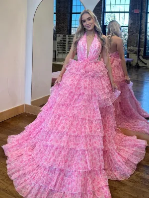 Halter Tulle Printed Ruffle Tie A-line Prom Dresses