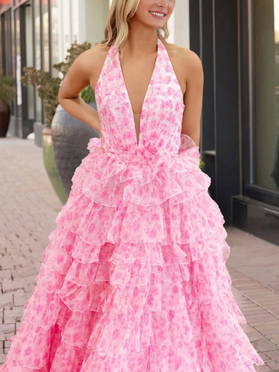 Halter Tulle Printed Ruffle Tie A-line Prom Dresses