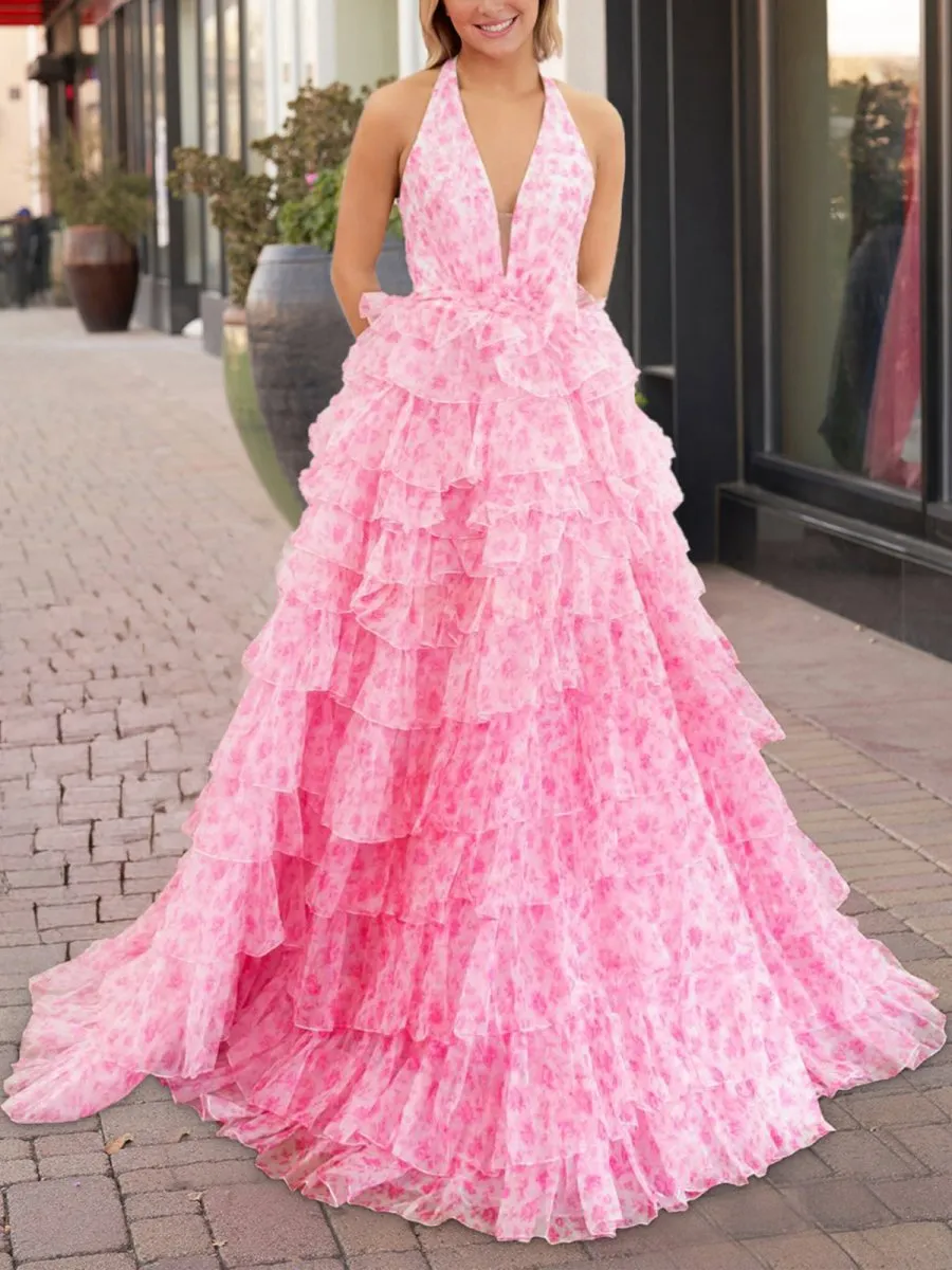 Halter Tulle Printed Ruffle Tie A-line Prom Dresses