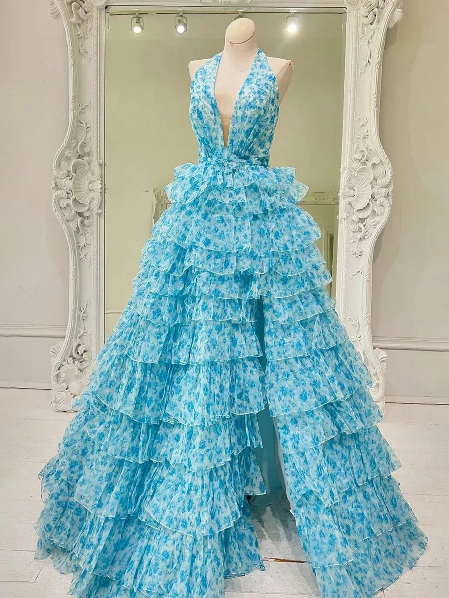 Halter Tulle Printed Ruffle Tie A-line Prom Dresses