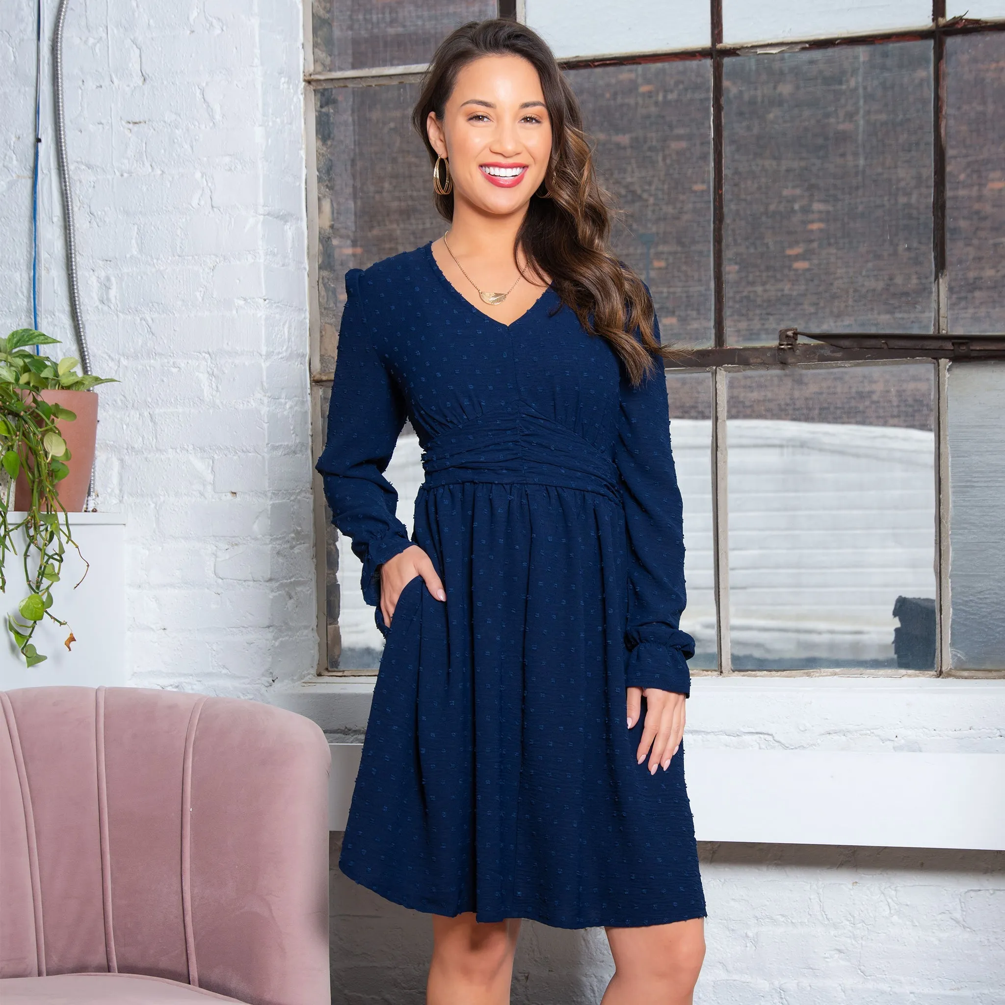 Hayden Swiss Dot Ruched V-Neck Dress
