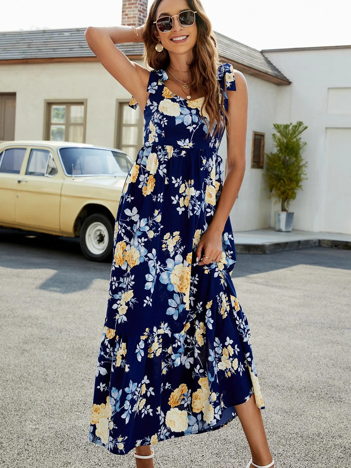 Hazel Blues® | Floral Tie-Shoulder Sleeveless Dress