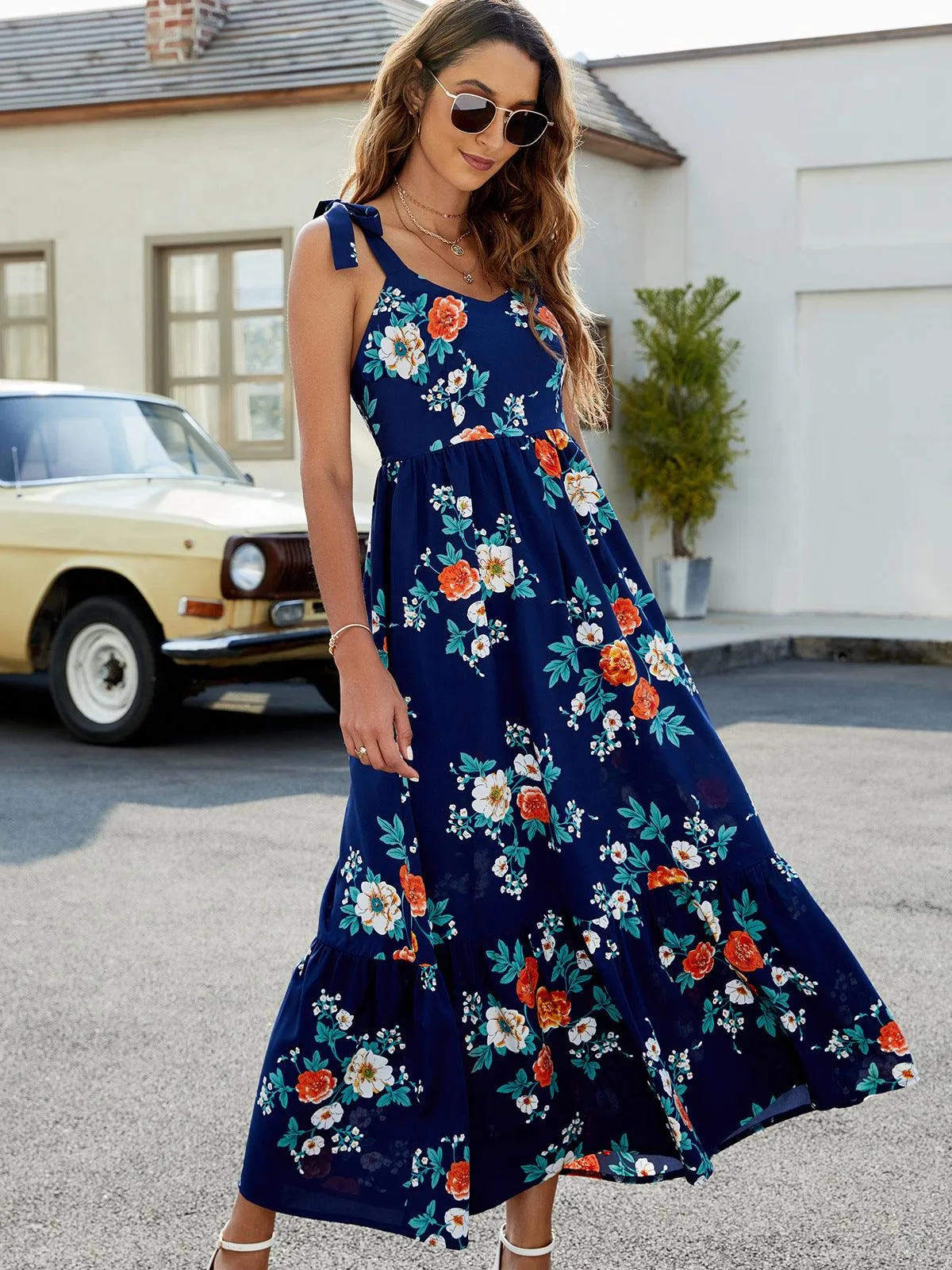 Hazel Blues® | Floral Tie-Shoulder Sleeveless Dress