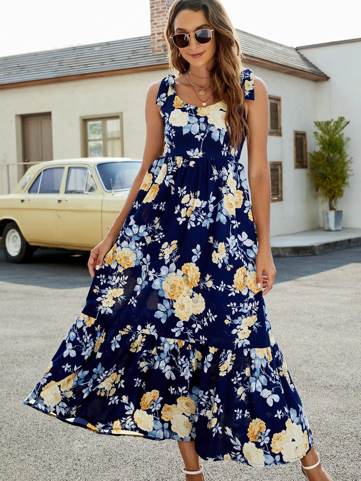 Hazel Blues® | Floral Tie-Shoulder Sleeveless Dress