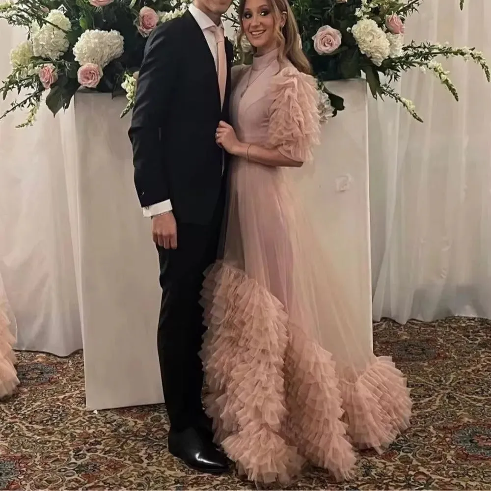 High Neck Tiered Skirt Long Prom Dresses Soft Tulle Half Sleeves Women Formal Party Gowns Floor Length Evening Dress
