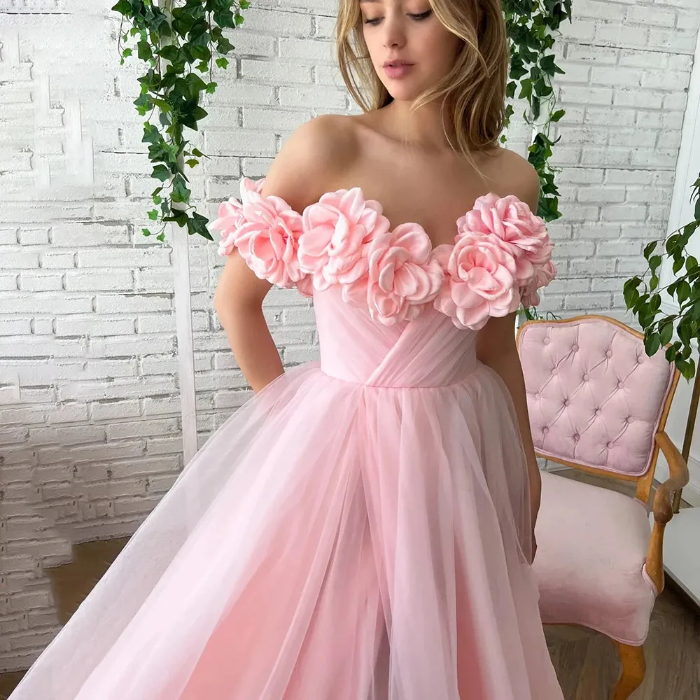 High Split Ruched Hand-Made Flowers Wedding Dress Customized A Line Tulle Off Shoulder Zipper Bridal Gowns