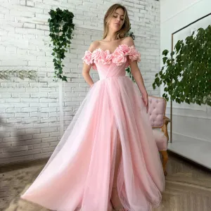 High Split Ruched Hand-Made Flowers Wedding Dress Customized A Line Tulle Off Shoulder Zipper Bridal Gowns