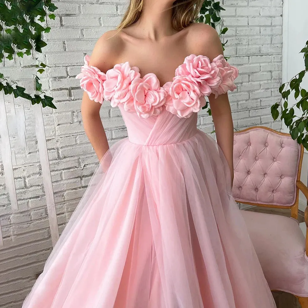 High Split Ruched Hand-Made Flowers Wedding Dress Customized A Line Tulle Off Shoulder Zipper Bridal Gowns