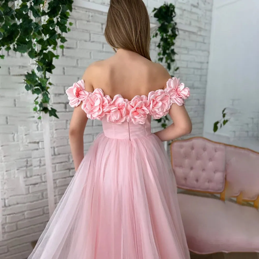 High Split Ruched Hand-Made Flowers Wedding Dress Customized A Line Tulle Off Shoulder Zipper Bridal Gowns