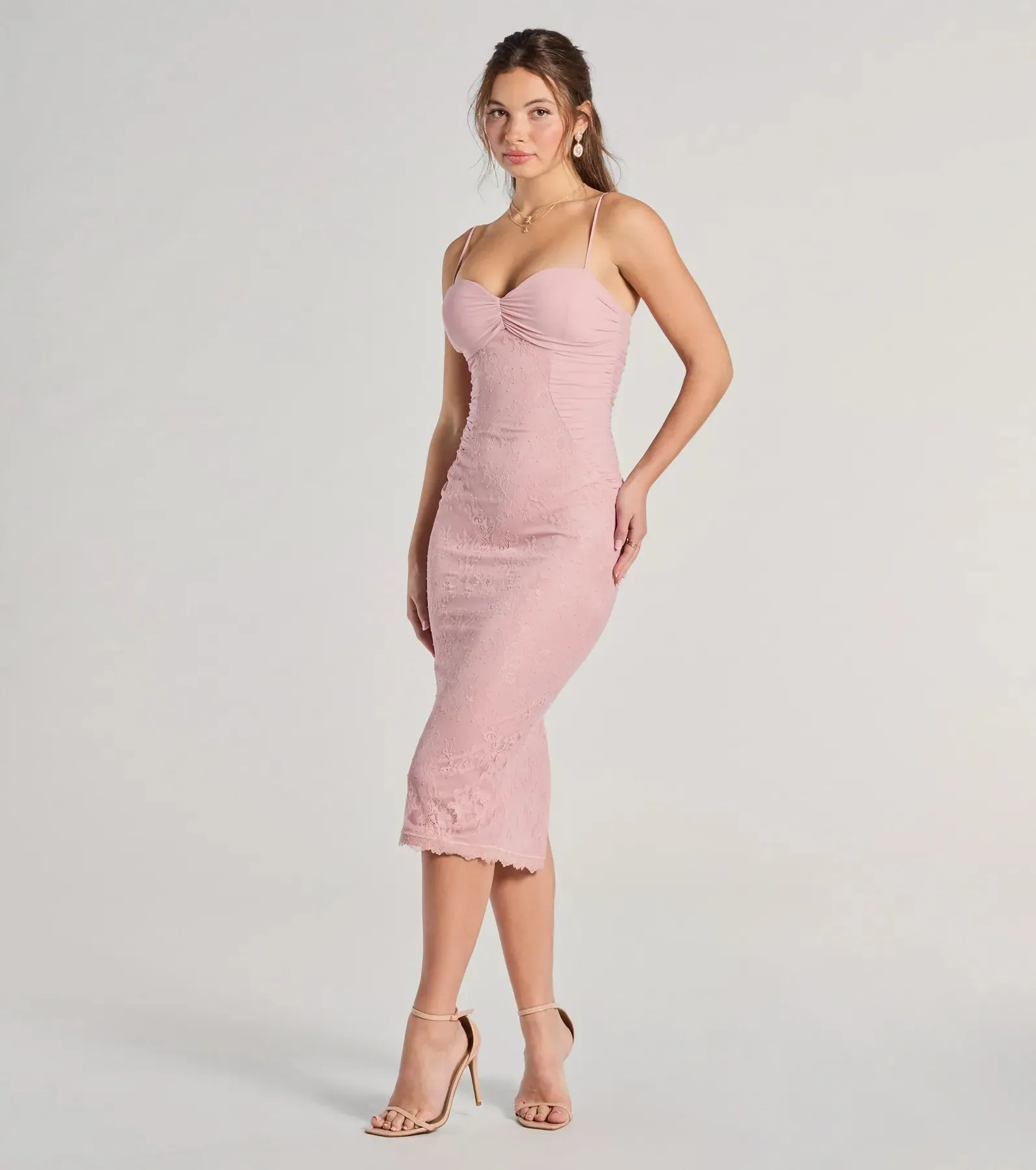 In For Romance Lace Mesh Bodycon Midi Dress