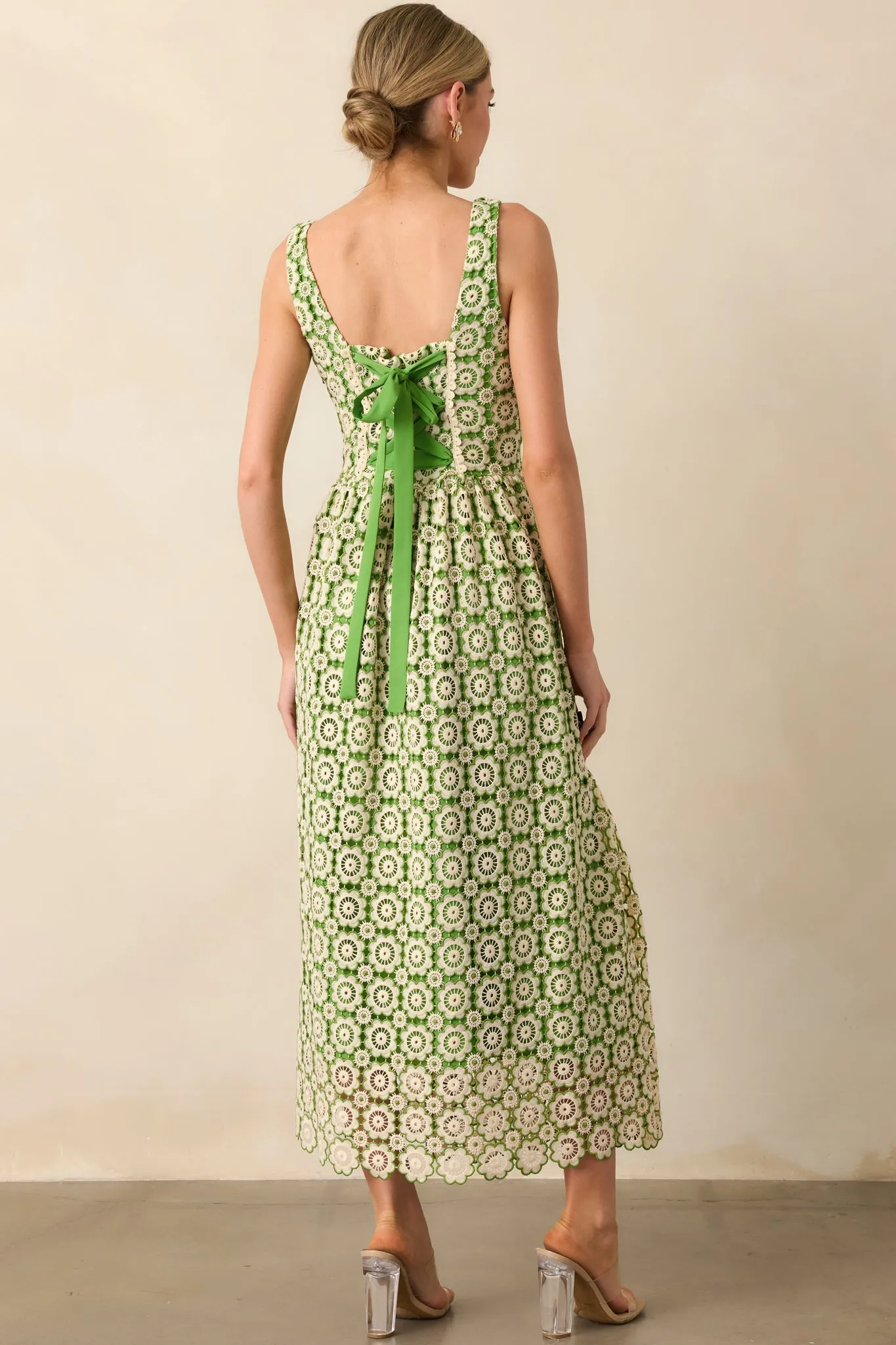 In The Meadow Green Floral Embroidered Midi Dress
