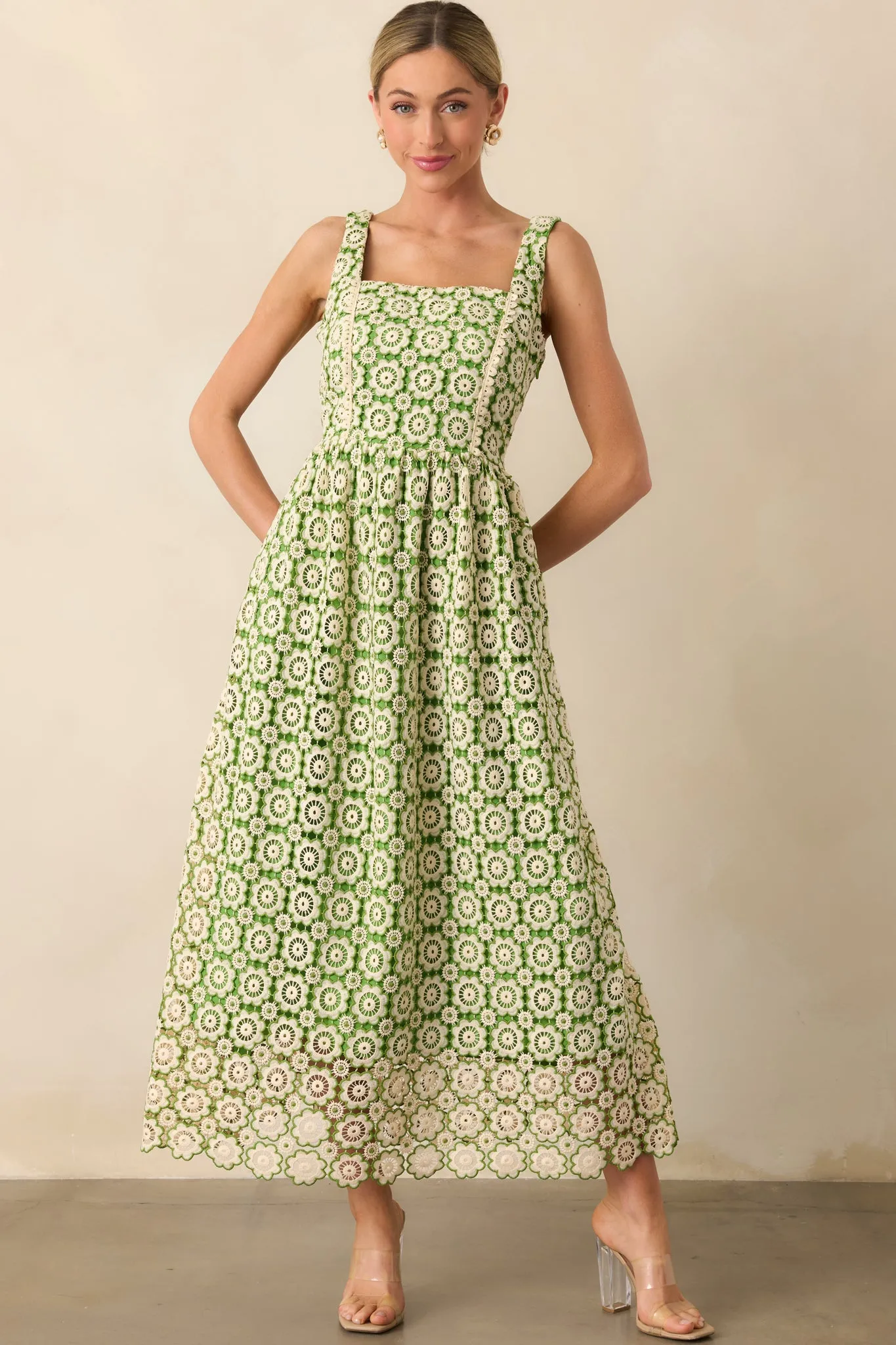 In The Meadow Green Floral Embroidered Midi Dress