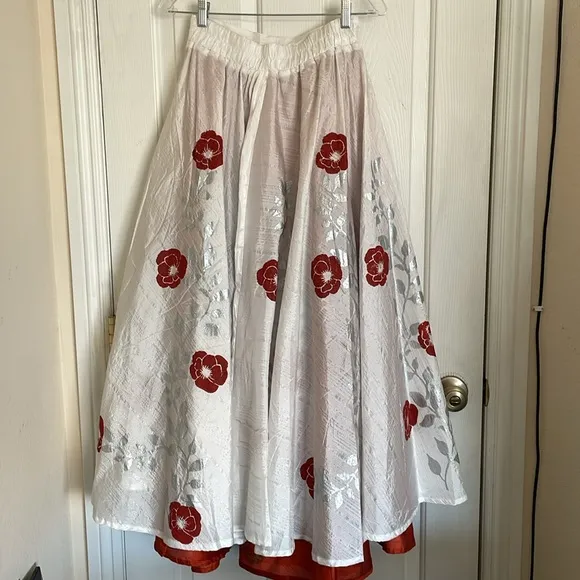 Ira Soleil Floral Layered Maxi Formal Flared Desi white/red  orange Skirt size S
