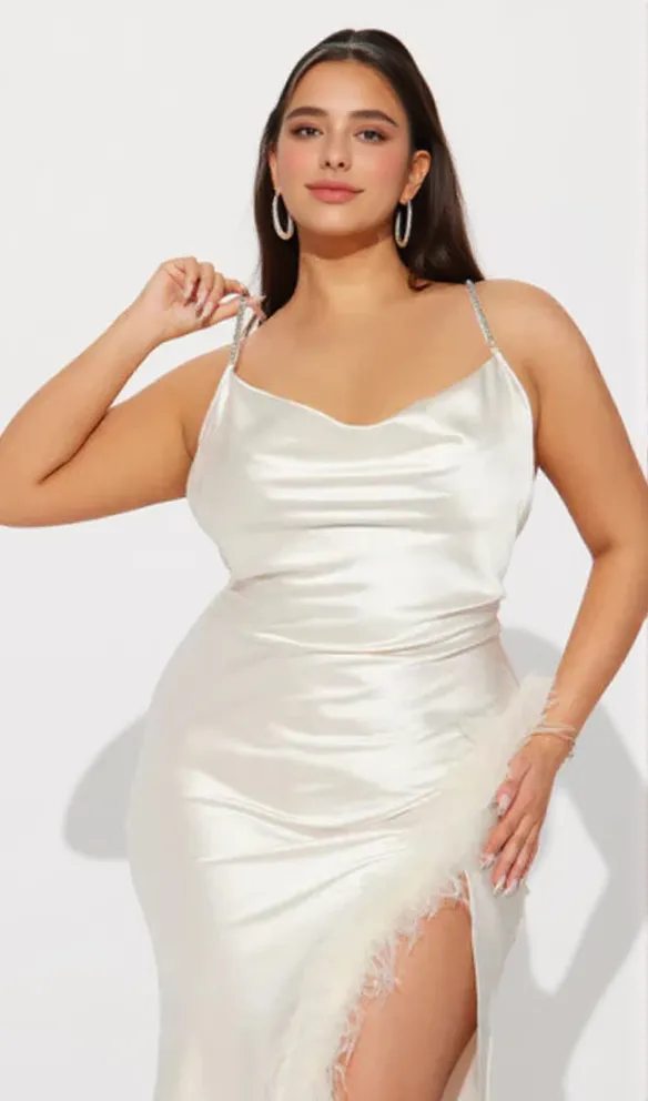 Isabella Feather Trim Satin Gown in Cream