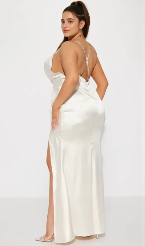 Isabella Feather Trim Satin Gown in Cream