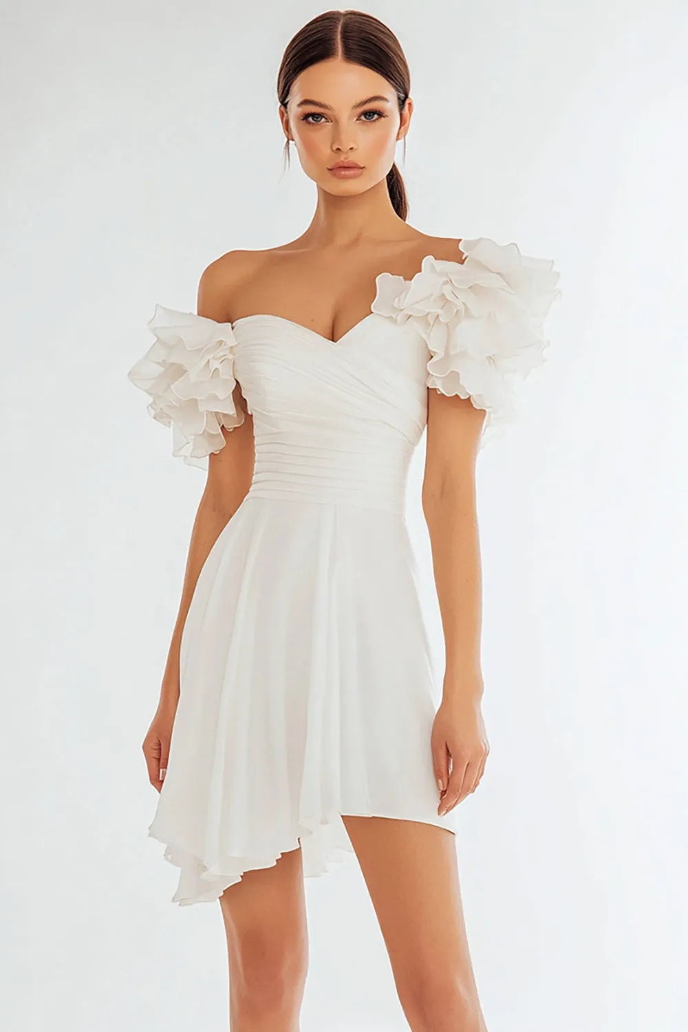 Ivory A Line Off the Shoulder Short Graduation Dress with Ruffles