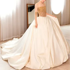 Ivory and Gold Ball Gown Wedding Dress with Straight Neckline
