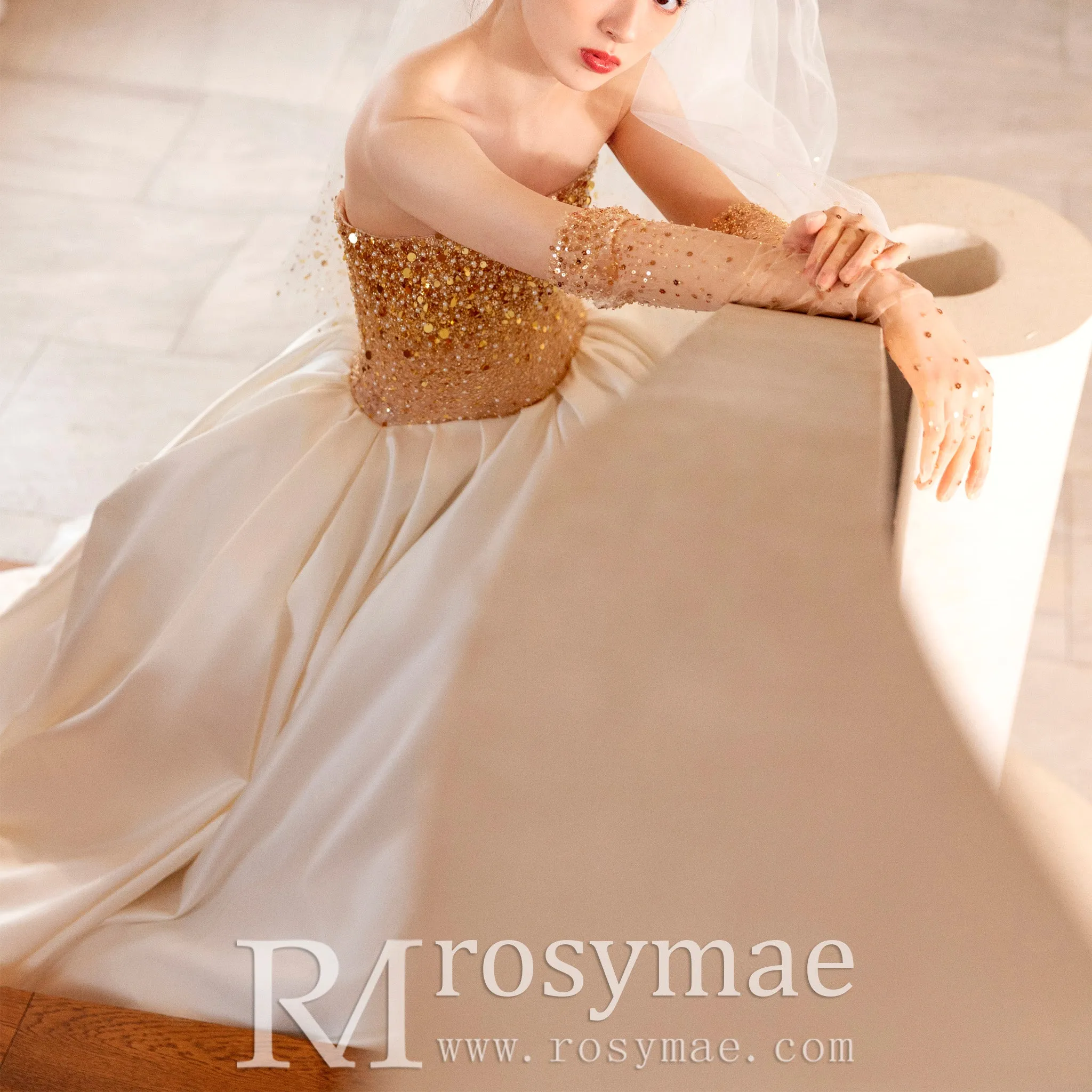Ivory and Gold Ball Gown Wedding Dress with Straight Neckline