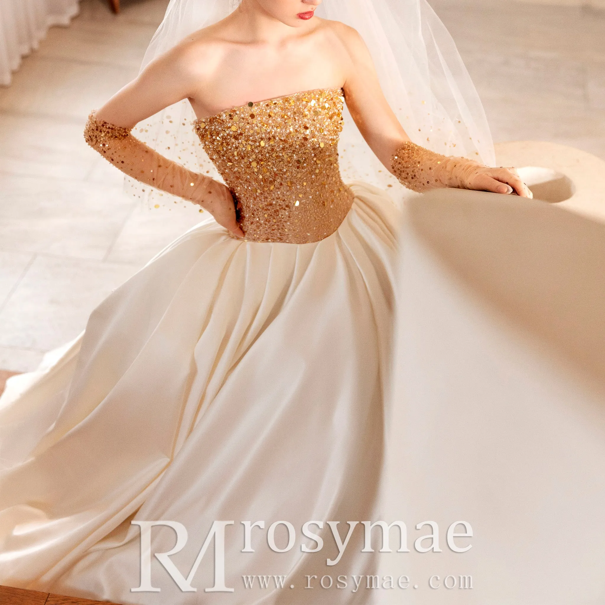 Ivory and Gold Ball Gown Wedding Dress with Straight Neckline