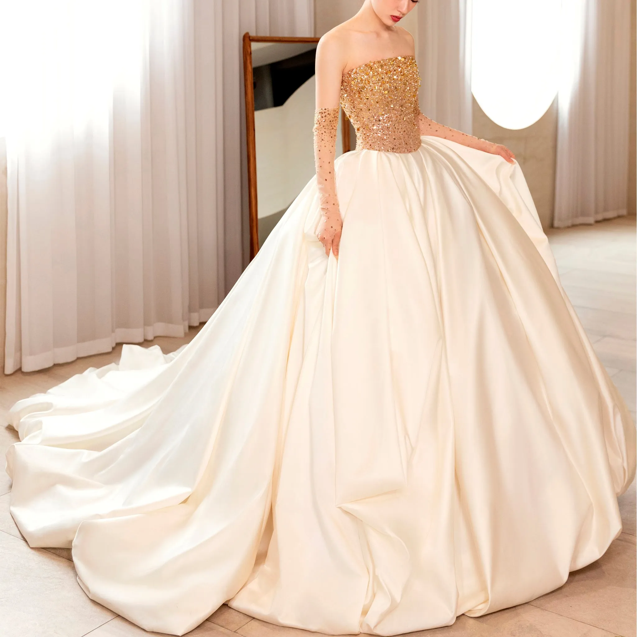Ivory and Gold Ball Gown Wedding Dress with Straight Neckline