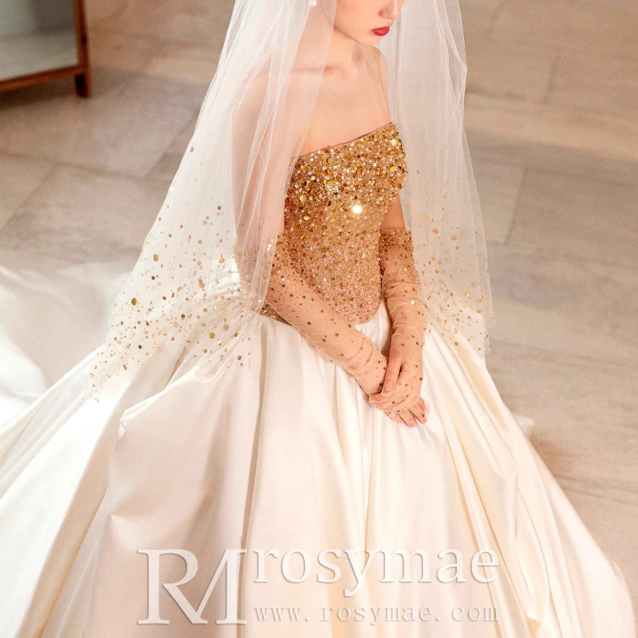 Ivory and Gold Ball Gown Wedding Dress with Straight Neckline