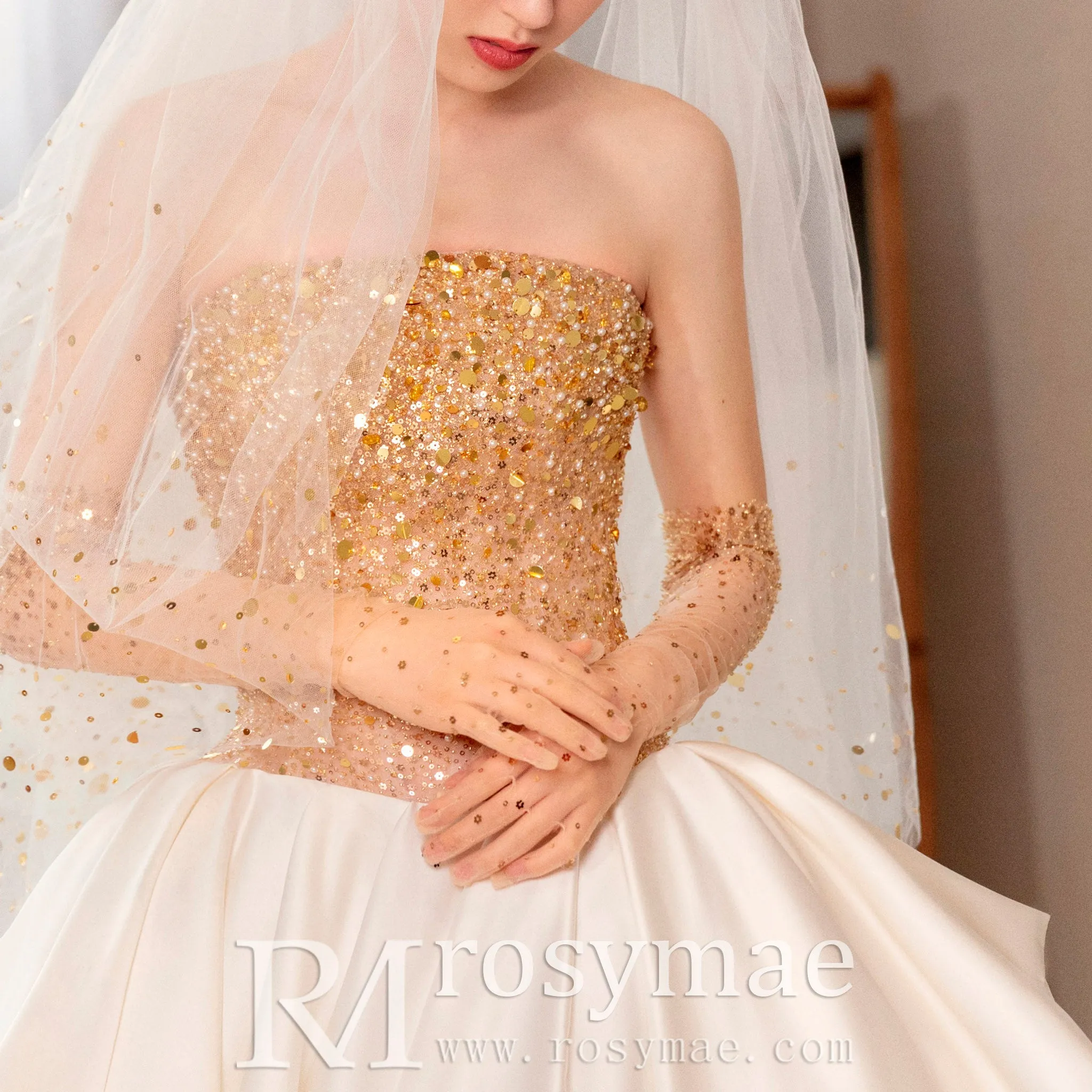 Ivory and Gold Ball Gown Wedding Dress with Straight Neckline