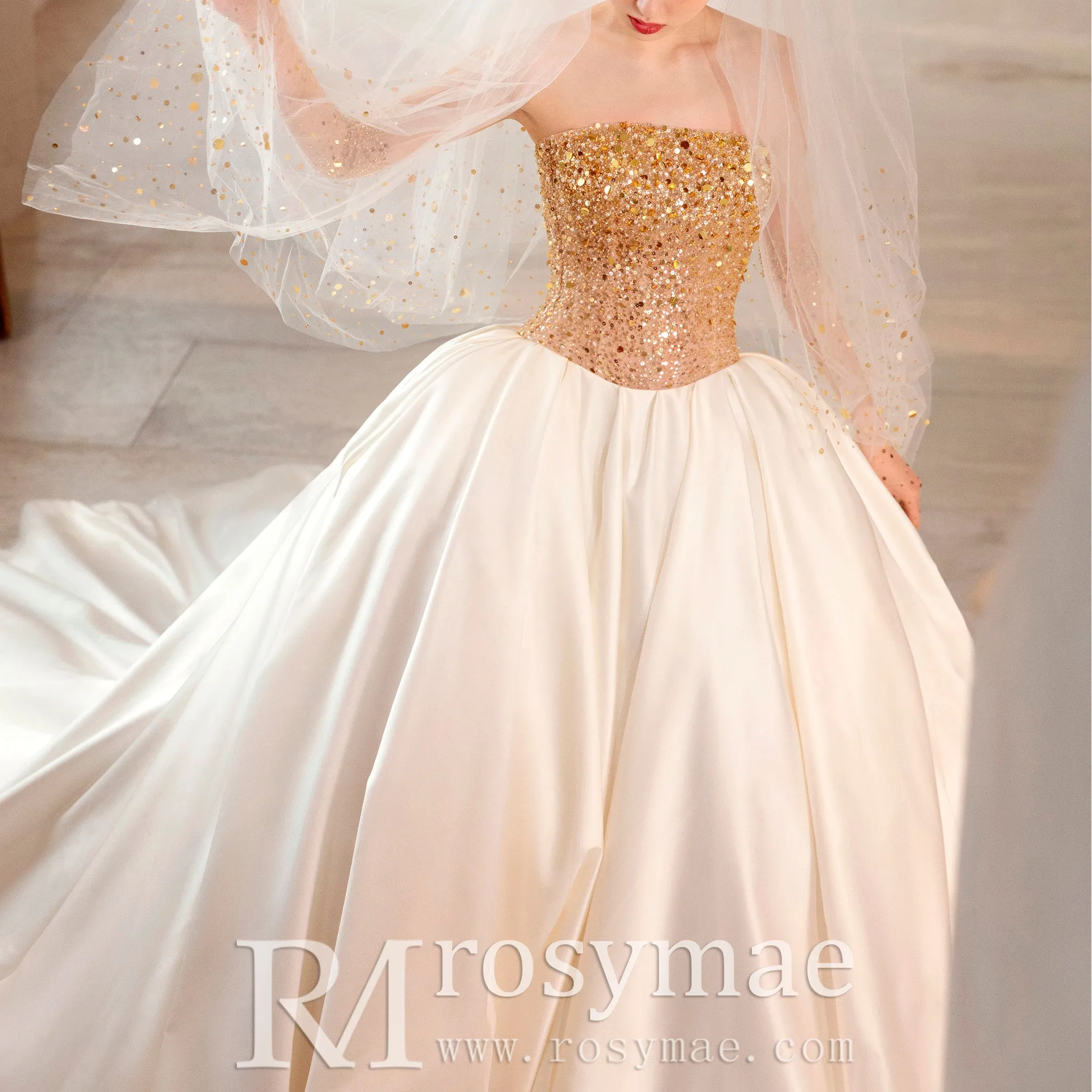 Ivory and Gold Ball Gown Wedding Dress with Straight Neckline