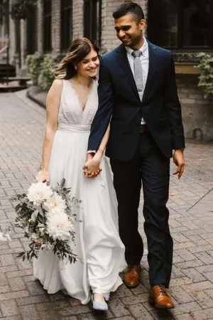 Ivory Chiffon Backless A-line V-neck Lace Wedding Dresses, Bridal Gown, MW668