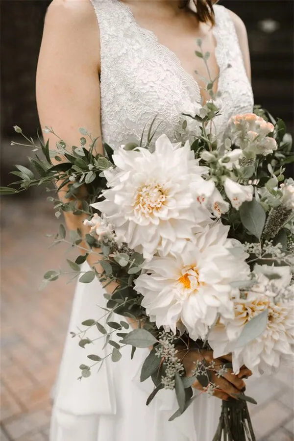 Ivory Chiffon Backless A-line V-neck Lace Wedding Dresses, Bridal Gown, MW668