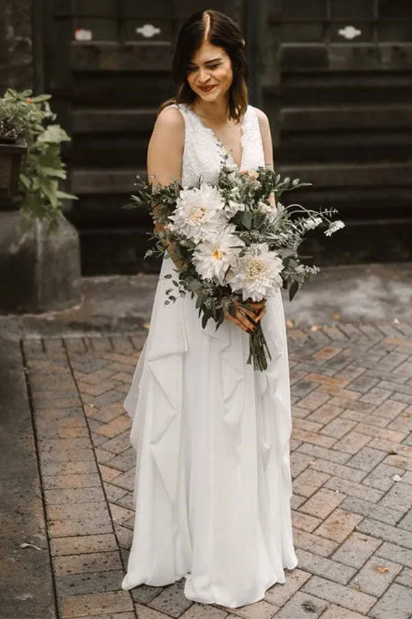 Ivory Chiffon Backless A-line V-neck Lace Wedding Dresses, Bridal Gown, MW668