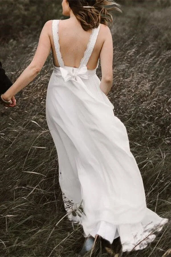 Ivory Chiffon Backless A-line V-neck Lace Wedding Dresses, Bridal Gown, MW668