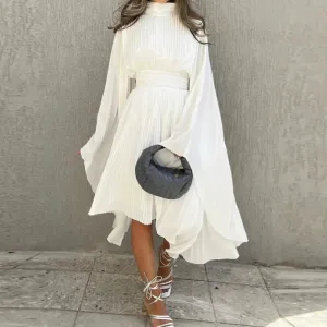 Ivory Chiffon High Neck Prom Dresses For Women FullSleeves Floor Length Belt Pleated Formal Party Gowns Evening Gowns