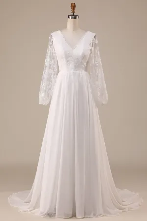 Ivory Chiffon Sweep Train Boho Wedding Dress with Lace