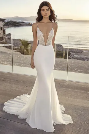 Ivory Chiffon Sweep Train Mermaid Spaghetti Straps Boho Wedding Dress