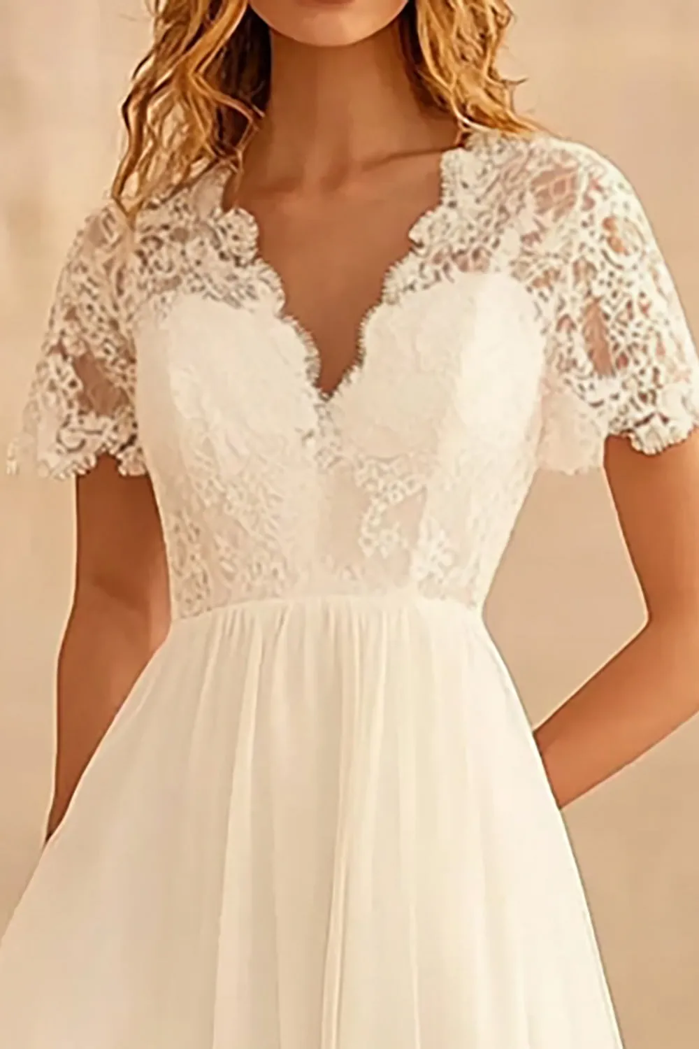 Ivory Chiffon V Neck Long A Line Engagement Dress with Lace